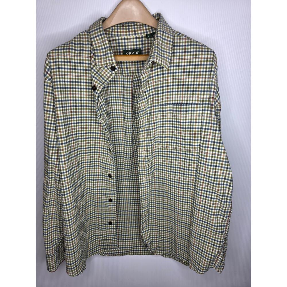 Orvis Men’s Large Plaid Button-Up Shirt Luxury Cotton & Merino Blend Earth Tones